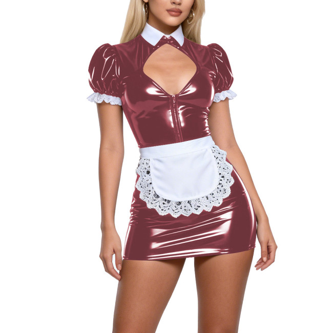 Sexy Shiny PVC Leather Maid Outfit Puff Short Sleeve Cutout Chest Bodycon Mini Dress with Apron Womens Club Cosplay Fancy Dress