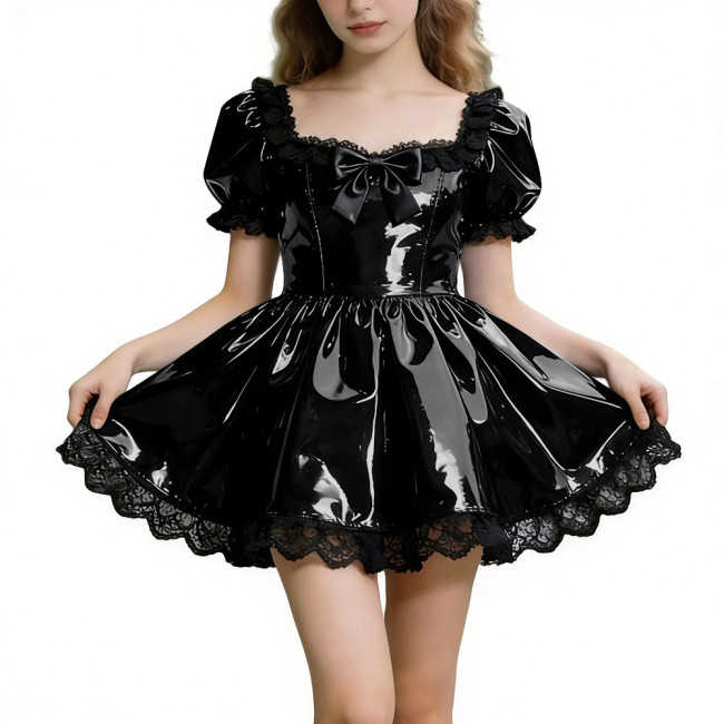 Sissy Shot Shiny PVC Prom Dress Square Collar Puff Sleeve Cosplay Party Cocktail Dress Gothic Masquerade A-line Pleated Dresses