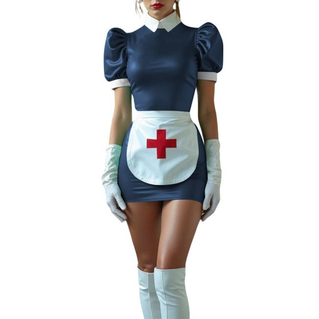 Sissy Nurse Cosplay Outfit High Neck Puff Sleeve Bodycon Mini Dress with Apron Halloween Party Roleplay Nurse Uniforms No Gloves