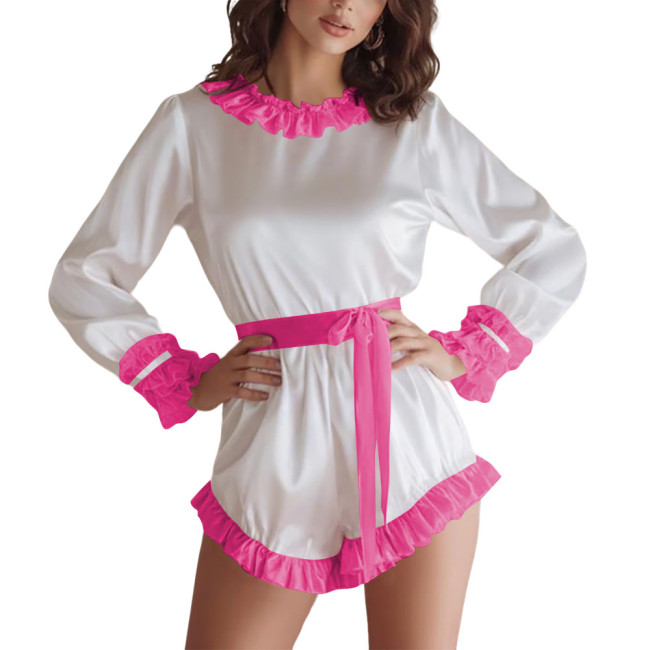 Women's Soft Satin Long Sleeve Romper Lockable Belted Waist O-neck Bodysuit with Ruffle Trim Sissy Club Sleepwear Pajama Outfits