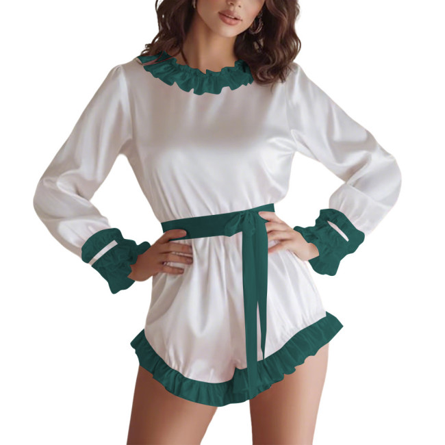 Women's Soft Satin Long Sleeve Romper Lockable Belted Waist O-neck Bodysuit with Ruffle Trim Sissy Club Sleepwear Pajama Outfits