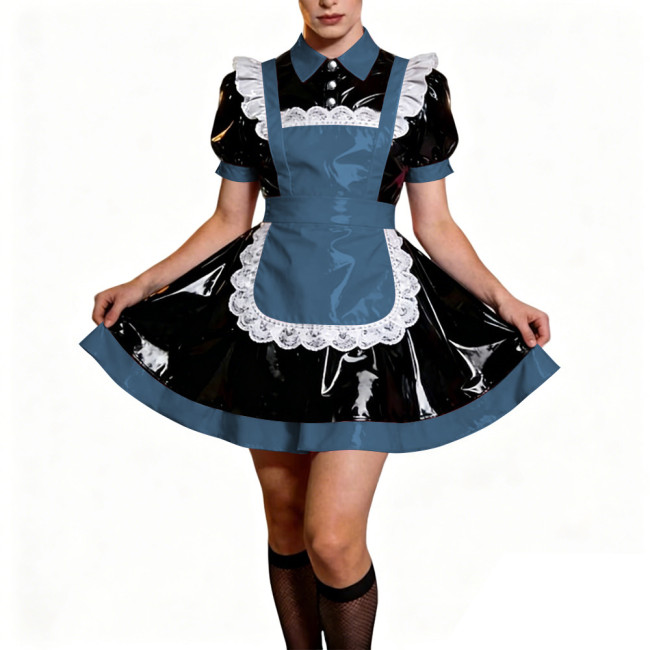 Crossdresser French Sweet Lolita Maid Dress Oufits Sissy Glossy PVC Leather Puff Sleeve Maid Dress Elegant Party Cosplay Costume