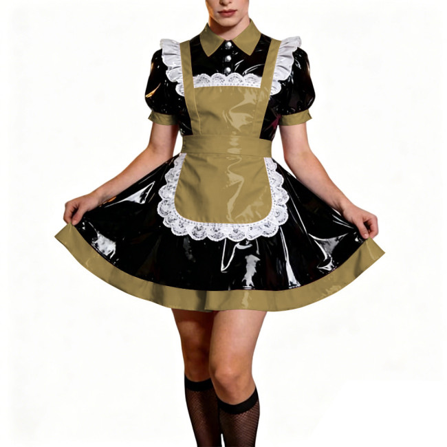 Crossdresser French Sweet Lolita Maid Dress Oufits Sissy Glossy PVC Leather Puff Sleeve Maid Dress Elegant Party Cosplay Costume