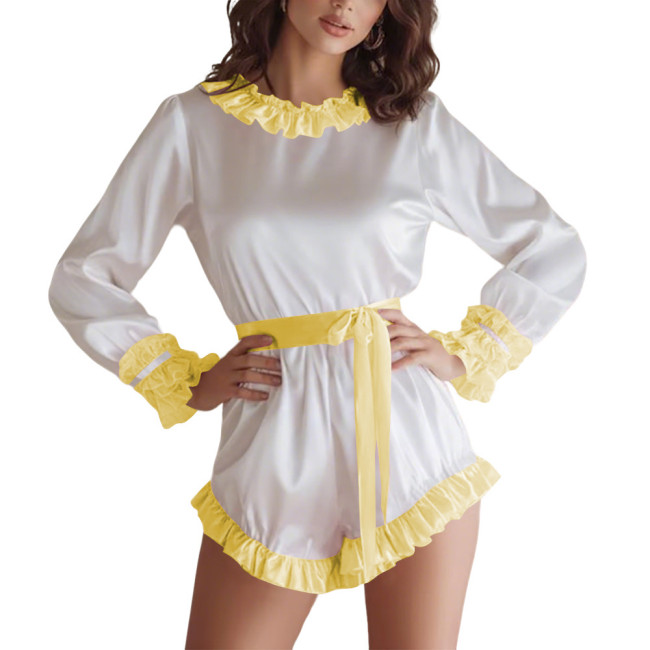 Women's Soft Satin Long Sleeve Romper Lockable Belted Waist O-neck Bodysuit with Ruffle Trim Sissy Club Sleepwear Pajama Outfits