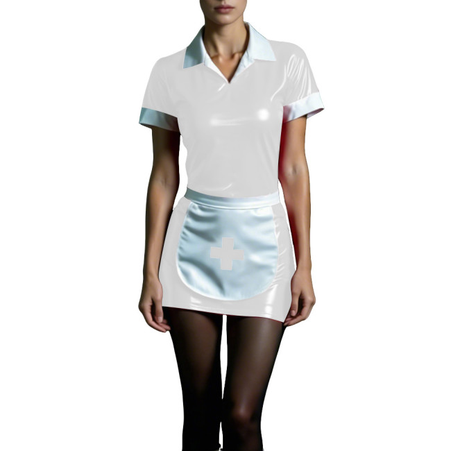 Shiny PVC Maid Nurse Dress with Apron Trun-down Collar Short Sleeve Bodycon Nurse Dress Sissy Wetlook French Cosplay Outfits 7XL