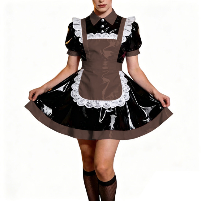 Crossdresser French Sweet Lolita Maid Dress Oufits Sissy Glossy PVC Leather Puff Sleeve Maid Dress Elegant Party Cosplay Costume