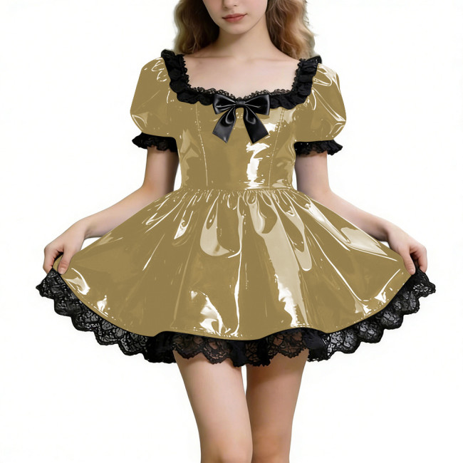 Sissy Shot Shiny PVC Prom Dress Square Collar Puff Sleeve Cosplay Party Cocktail Dress Gothic Masquerade A-line Pleated Dresses