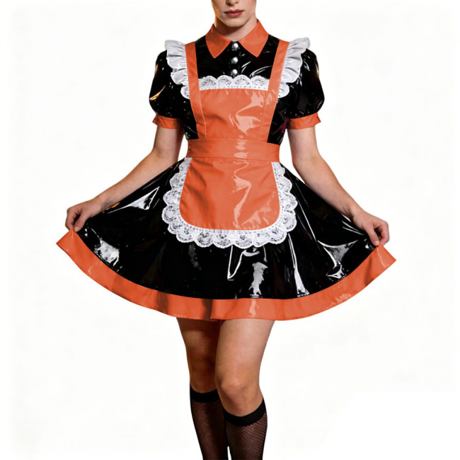 Crossdresser French Sweet Lolita Maid Dress Oufits Sissy Glossy PVC Leather Puff Sleeve Maid Dress Elegant Party Cosplay Costume