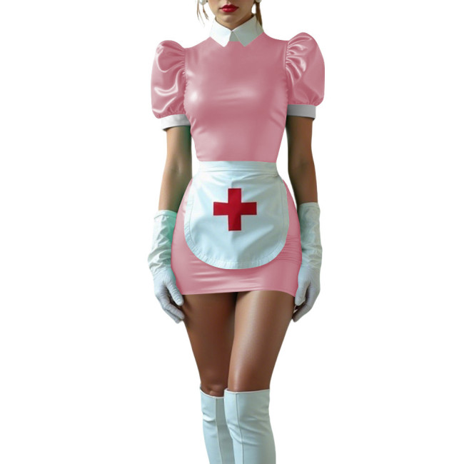 Sissy Nurse Cosplay Outfit High Neck Puff Sleeve Bodycon Mini Dress with Apron Halloween Party Roleplay Nurse Uniforms No Gloves