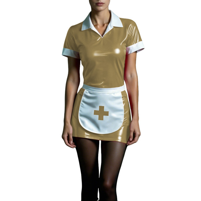 Shiny PVC Maid Nurse Dress with Apron Trun-down Collar Short Sleeve Bodycon Nurse Dress Sissy Wetlook French Cosplay Outfits 7XL