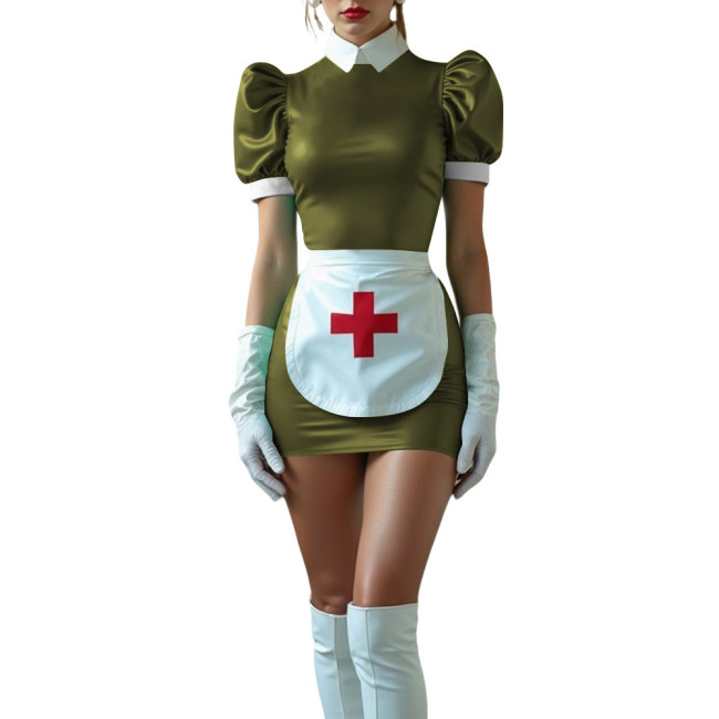 Sissy Nurse Cosplay Outfit High Neck Puff Sleeve Bodycon Mini Dress with Apron Halloween Party Roleplay Nurse Uniforms No Gloves