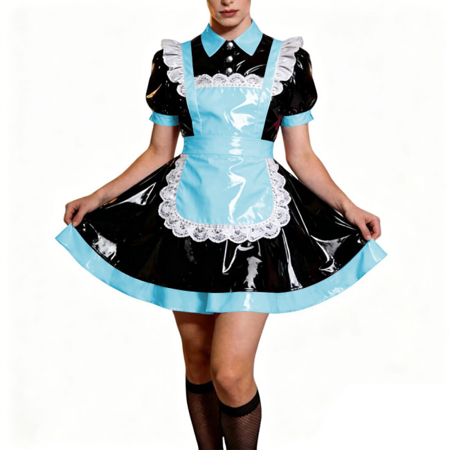 Crossdresser French Sweet Lolita Maid Dress Oufits Sissy Glossy PVC Leather Puff Sleeve Maid Dress Elegant Party Cosplay Costume