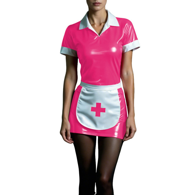 Shiny PVC Maid Nurse Dress with Apron Trun-down Collar Short Sleeve Bodycon Nurse Dress Sissy Wetlook French Cosplay Outfits 7XL