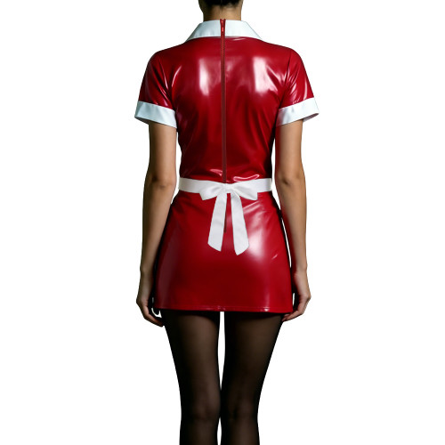 Shiny PVC Maid Nurse Dress with Apron Trun-down Collar Short Sleeve Bodycon Nurse Dress Sissy Wetlook French Cosplay Outfits 7XL