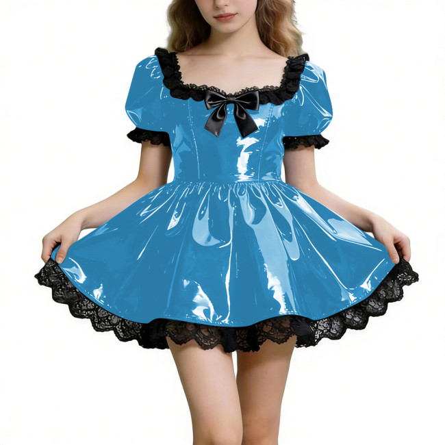 Sissy Shot Shiny PVC Prom Dress Square Collar Puff Sleeve Cosplay Party Cocktail Dress Gothic Masquerade A-line Pleated Dresses