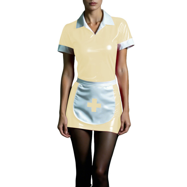 Shiny PVC Maid Nurse Dress with Apron Trun-down Collar Short Sleeve Bodycon Nurse Dress Sissy Wetlook French Cosplay Outfits 7XL