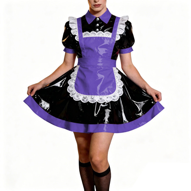 Crossdresser French Sweet Lolita Maid Dress Oufits Sissy Glossy PVC Leather Puff Sleeve Maid Dress Elegant Party Cosplay Costume