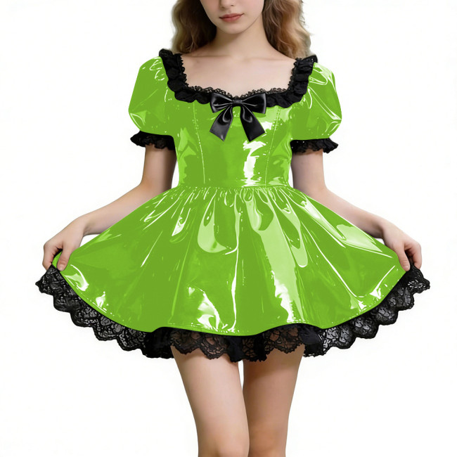 Sissy Shot Shiny PVC Prom Dress Square Collar Puff Sleeve Cosplay Party Cocktail Dress Gothic Masquerade A-line Pleated Dresses