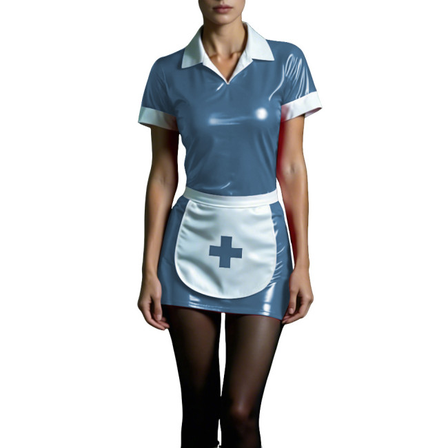 Shiny PVC Maid Nurse Dress with Apron Trun-down Collar Short Sleeve Bodycon Nurse Dress Sissy Wetlook French Cosplay Outfits 7XL