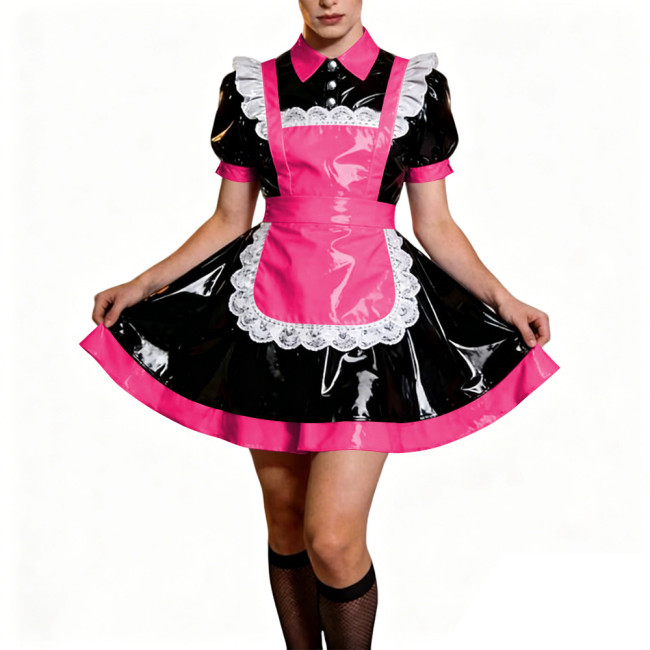 Crossdresser French Sweet Lolita Maid Dress Oufits Sissy Glossy PVC Leather Puff Sleeve Maid Dress Elegant Party Cosplay Costume