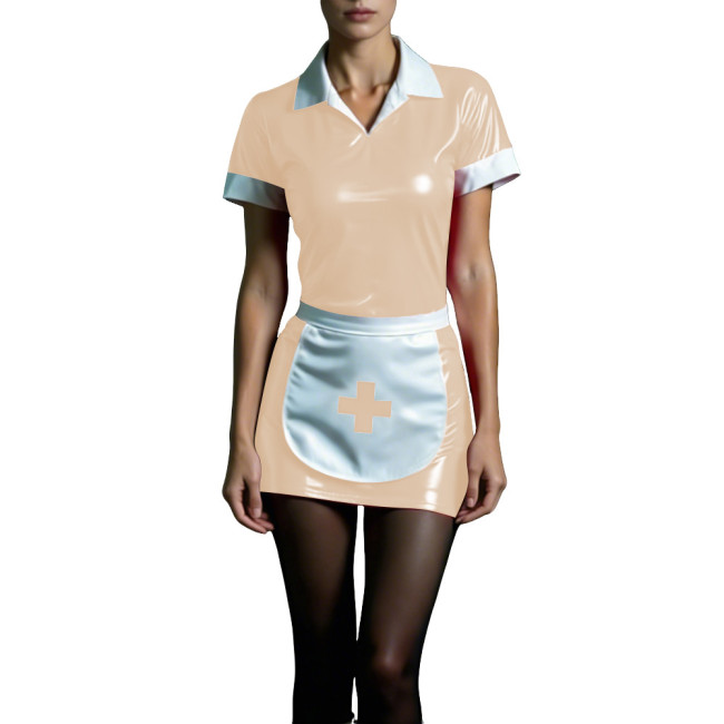 Shiny PVC Maid Nurse Dress with Apron Trun-down Collar Short Sleeve Bodycon Nurse Dress Sissy Wetlook French Cosplay Outfits 7XL