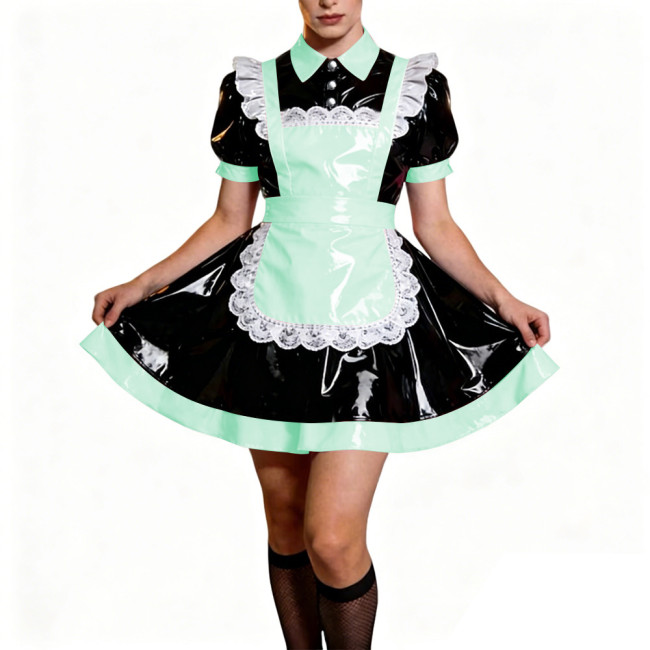 Crossdresser French Sweet Lolita Maid Dress Oufits Sissy Glossy PVC Leather Puff Sleeve Maid Dress Elegant Party Cosplay Costume
