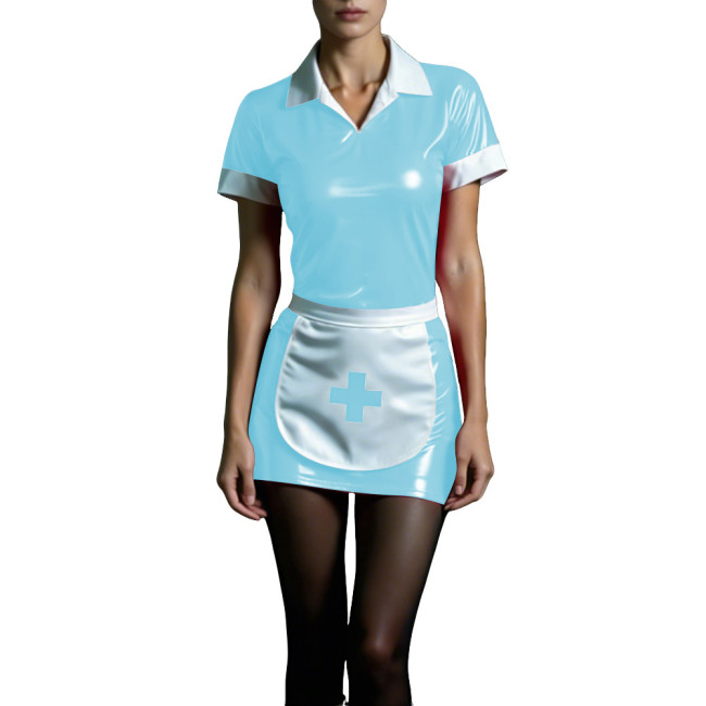 Shiny PVC Maid Nurse Dress with Apron Trun-down Collar Short Sleeve Bodycon Nurse Dress Sissy Wetlook French Cosplay Outfits 7XL