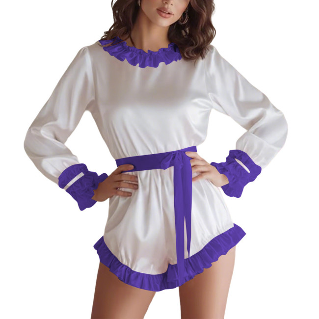 Women's Soft Satin Long Sleeve Romper Lockable Belted Waist O-neck Bodysuit with Ruffle Trim Sissy Club Sleepwear Pajama Outfits