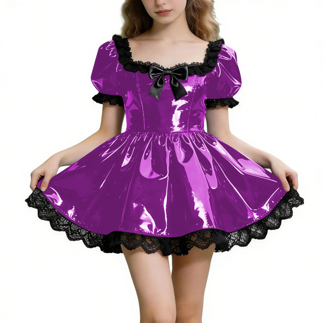 Sissy Shot Shiny PVC Prom Dress Square Collar Puff Sleeve Cosplay Party Cocktail Dress Gothic Masquerade A-line Pleated Dresses
