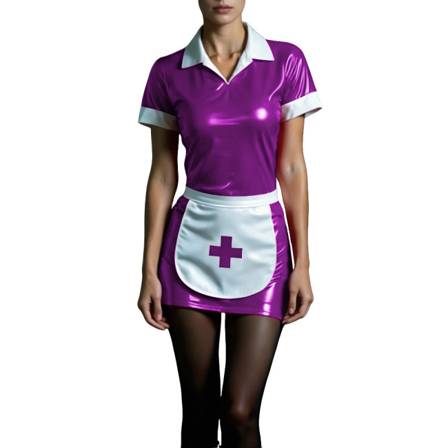 Shiny PVC Maid Nurse Dress with Apron Trun-down Collar Short Sleeve Bodycon Nurse Dress Sissy Wetlook French Cosplay Outfits 7XL