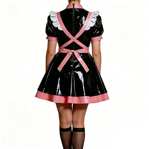 Crossdresser French Sweet Lolita Maid Dress Oufits Sissy Glossy PVC Leather Puff Sleeve Maid Dress Elegant Party Cosplay Costume