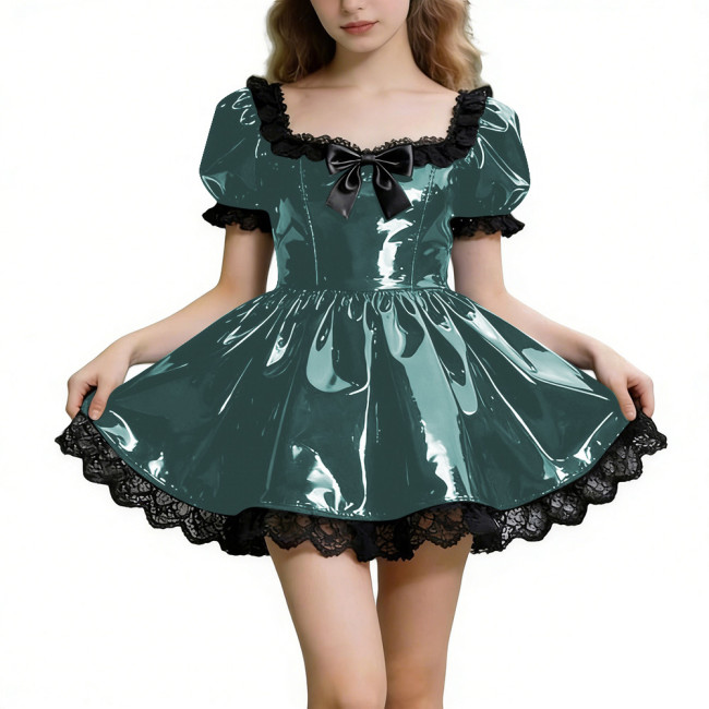 Sissy Shot Shiny PVC Prom Dress Square Collar Puff Sleeve Cosplay Party Cocktail Dress Gothic Masquerade A-line Pleated Dresses