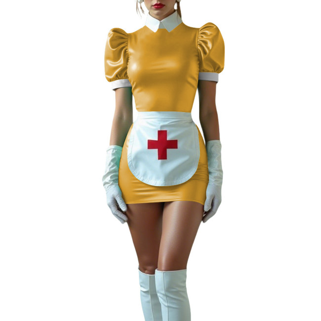 Sissy Nurse Cosplay Outfit High Neck Puff Sleeve Bodycon Mini Dress with Apron Halloween Party Roleplay Nurse Uniforms No Gloves