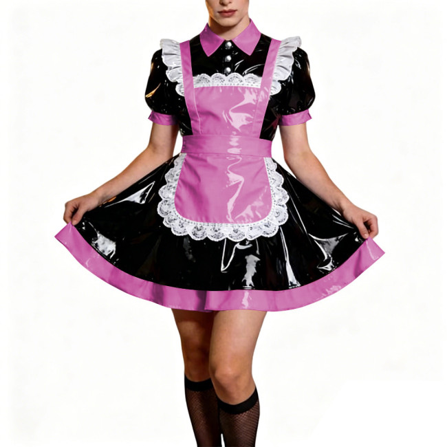Crossdresser French Sweet Lolita Maid Dress Oufits Sissy Glossy PVC Leather Puff Sleeve Maid Dress Elegant Party Cosplay Costume