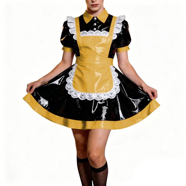 Crossdresser French Sweet Lolita Maid Dress Oufits Sissy Glossy PVC Leather Puff Sleeve Maid Dress Elegant Party Cosplay Costume