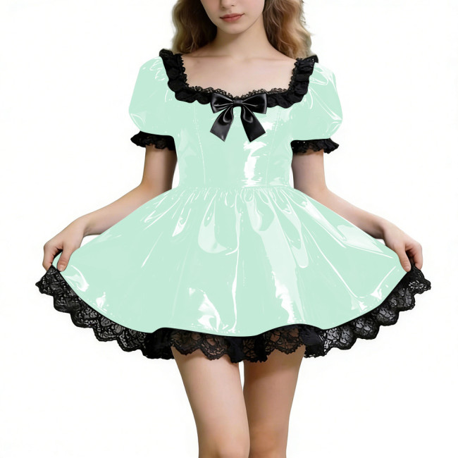 Sissy Shot Shiny PVC Prom Dress Square Collar Puff Sleeve Cosplay Party Cocktail Dress Gothic Masquerade A-line Pleated Dresses