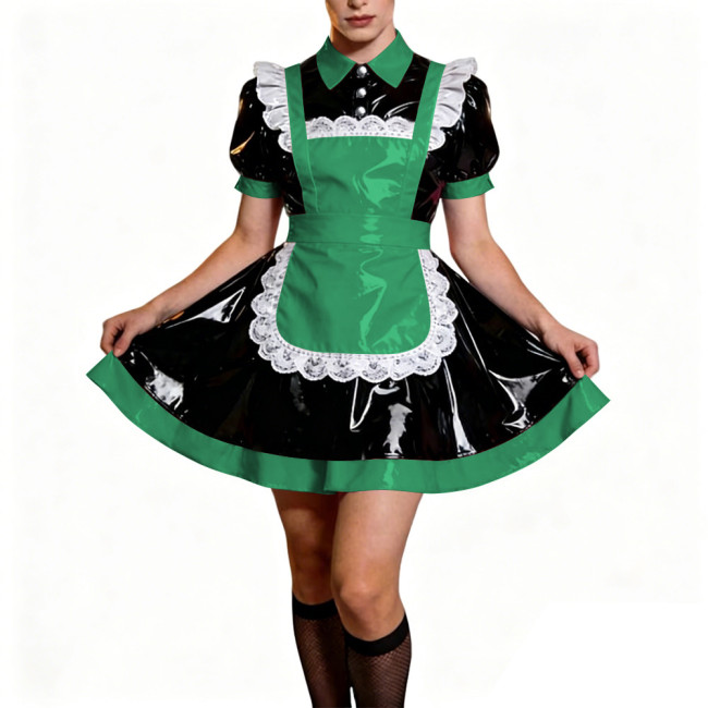 Crossdresser French Sweet Lolita Maid Dress Oufits Sissy Glossy PVC Leather Puff Sleeve Maid Dress Elegant Party Cosplay Costume