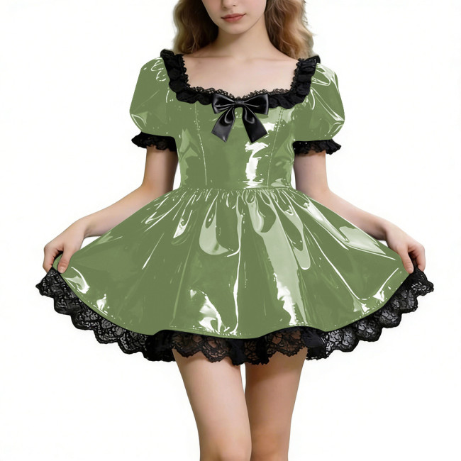 Sissy Shot Shiny PVC Prom Dress Square Collar Puff Sleeve Cosplay Party Cocktail Dress Gothic Masquerade A-line Pleated Dresses