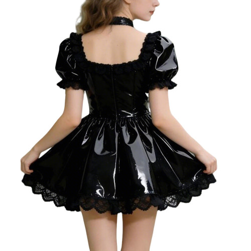 Sissy Shot Shiny PVC Prom Dress Square Collar Puff Sleeve Cosplay Party Cocktail Dress Gothic Masquerade A-line Pleated Dresses