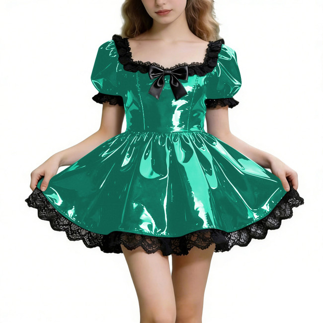 Sissy Shot Shiny PVC Prom Dress Square Collar Puff Sleeve Cosplay Party Cocktail Dress Gothic Masquerade A-line Pleated Dresses