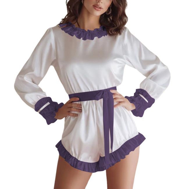 Women's Soft Satin Long Sleeve Romper Lockable Belted Waist O-neck Bodysuit with Ruffle Trim Sissy Club Sleepwear Pajama Outfits