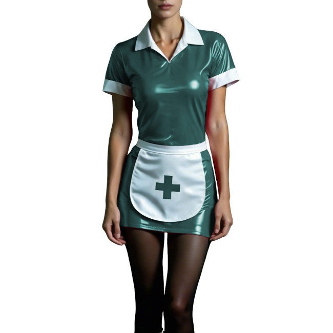 Shiny PVC Maid Nurse Dress with Apron Trun-down Collar Short Sleeve Bodycon Nurse Dress Sissy Wetlook French Cosplay Outfits 7XL