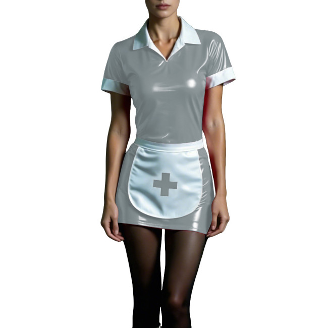 Shiny PVC Maid Nurse Dress with Apron Trun-down Collar Short Sleeve Bodycon Nurse Dress Sissy Wetlook French Cosplay Outfits 7XL