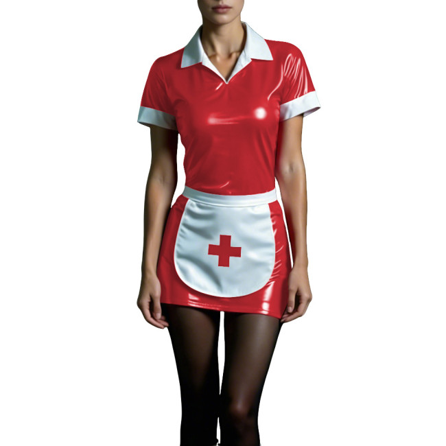 Shiny PVC Maid Nurse Dress with Apron Trun-down Collar Short Sleeve Bodycon Nurse Dress Sissy Wetlook French Cosplay Outfits 7XL