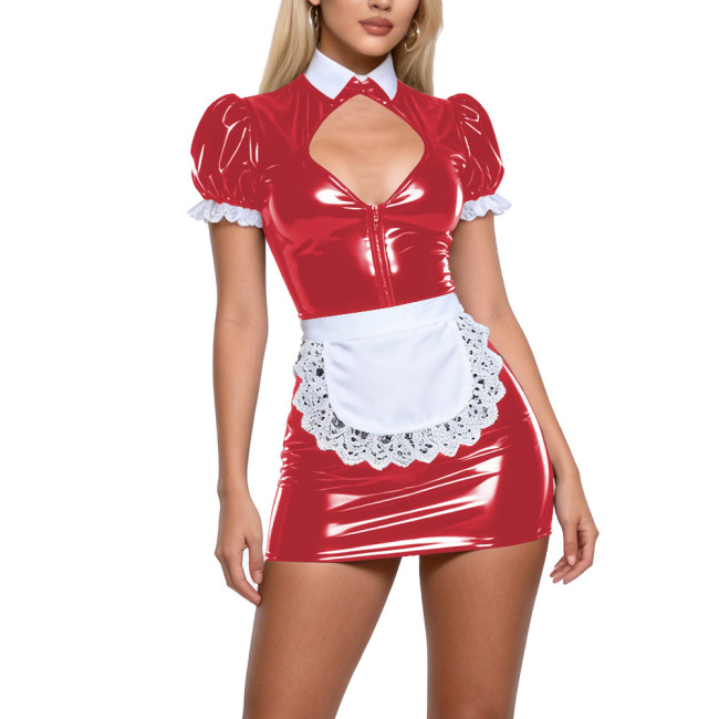 Sexy Shiny PVC Leather Maid Outfit Puff Short Sleeve Cutout Chest Bodycon Mini Dress with Apron Womens Club Cosplay Fancy Dress
