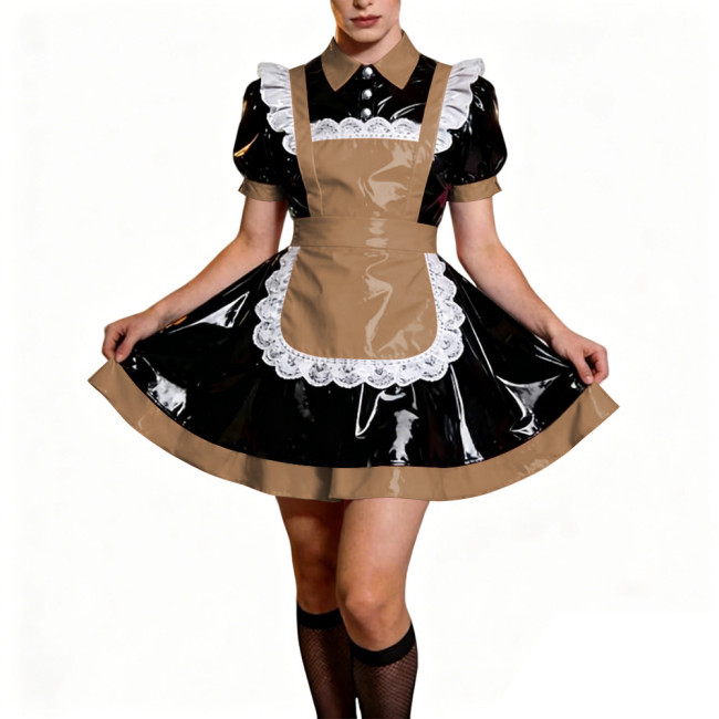 Crossdresser French Sweet Lolita Maid Dress Oufits Sissy Glossy PVC Leather Puff Sleeve Maid Dress Elegant Party Cosplay Costume