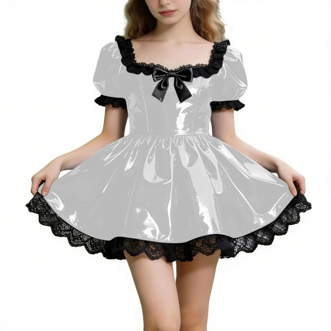 Sissy Shot Shiny PVC Prom Dress Square Collar Puff Sleeve Cosplay Party Cocktail Dress Gothic Masquerade A-line Pleated Dresses