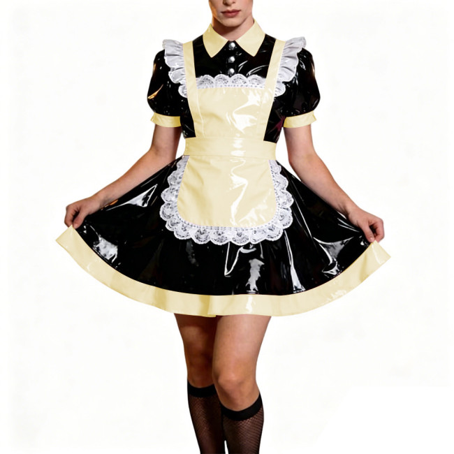 Crossdresser French Sweet Lolita Maid Dress Oufits Sissy Glossy PVC Leather Puff Sleeve Maid Dress Elegant Party Cosplay Costume