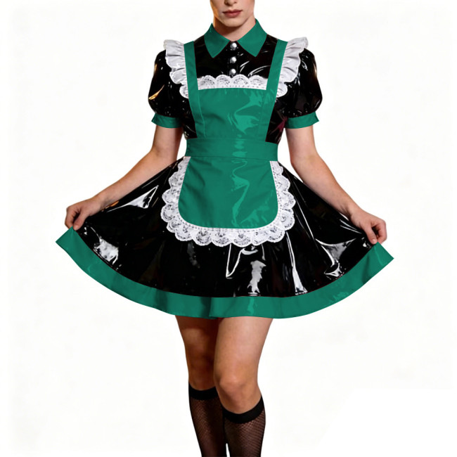 Crossdresser French Sweet Lolita Maid Dress Oufits Sissy Glossy PVC Leather Puff Sleeve Maid Dress Elegant Party Cosplay Costume