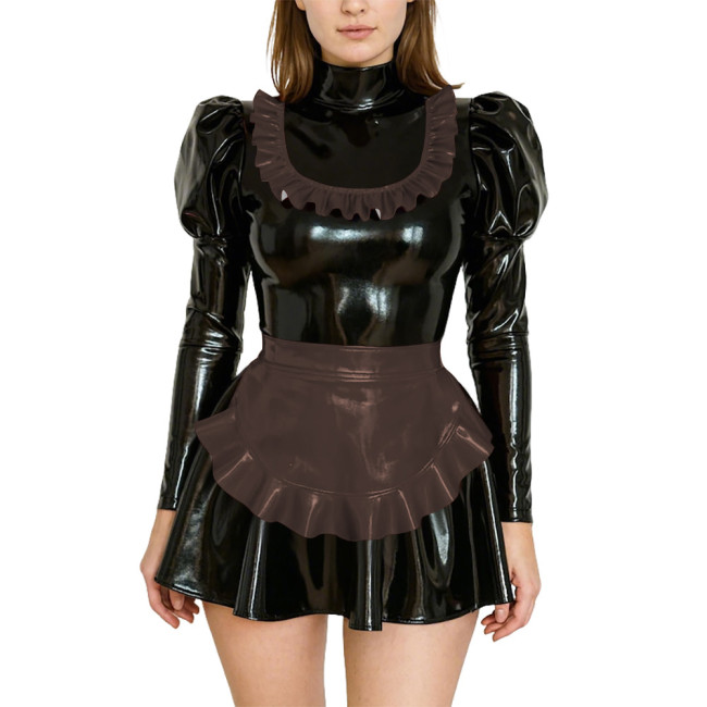 Adult Dressing Sissy Maid Uniforms Puff Long Sleeve High Neck PVC Shiny Short Maid Dress with Apron Role Play Dress Outfits